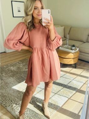 HYFVE Dusty Rose Puff Sleeve Babydoll Mini Dress